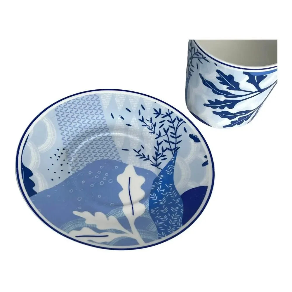Asian Coffee Tea Cup Saucer Set Tokyo Angela Corti Porcelain Blue White Vtg